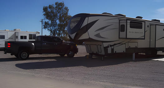 A large fifth wheel in one of our big rig friendly rv sites here at Dreamers